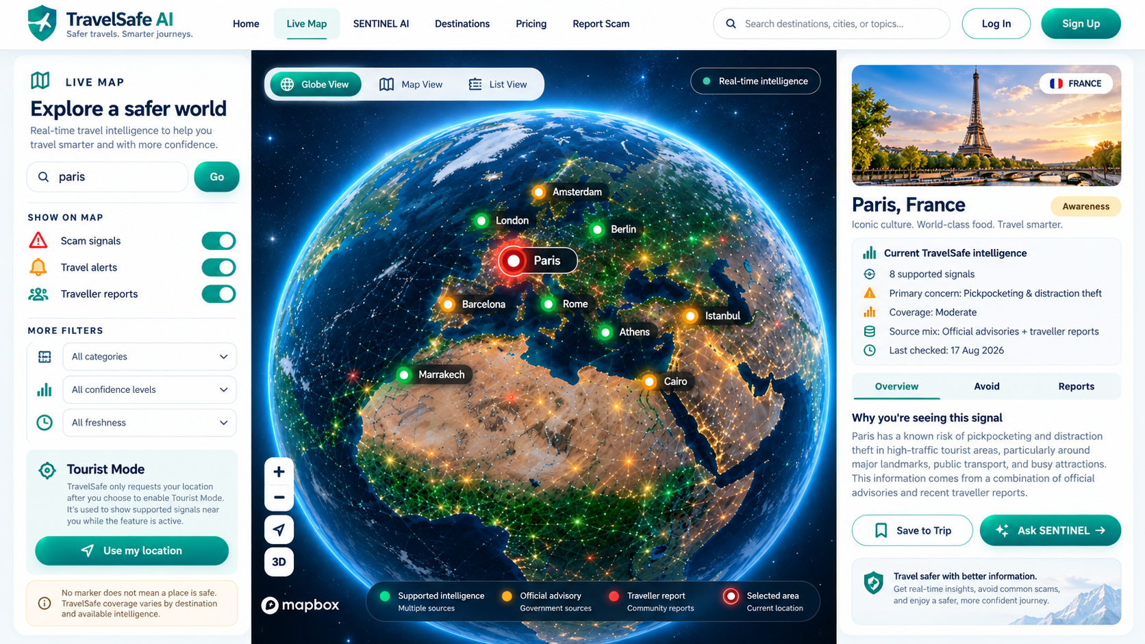 TravelSafe interactive globe map preview